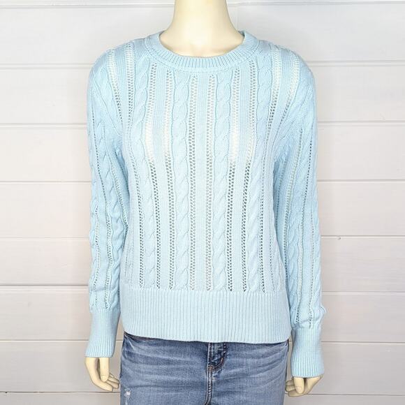 Talbots Open Knit Cable Crewneck Sweater Womens M Light Aqua Mint Coastal Preppy - Picture 2 of 11